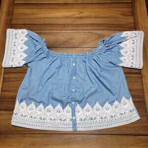 Love J Blue Crop Off Shoulder Blouse w/ White Lace - Size Medium